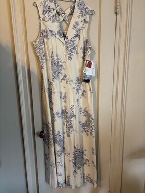 Nicole Miller Cream Maxi Dress with Blue Floral Print and Button Front